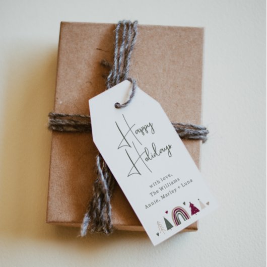 Prettige feestdagen Boho Rainbow en Hearts Cadeaulabel