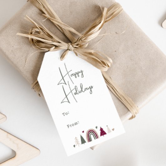 Prettige feestdagen Boho regenboog en harten Cadeaulabel