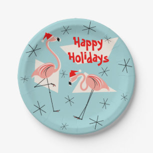 Prettige feestdagen bord Flamingo Santas Blue