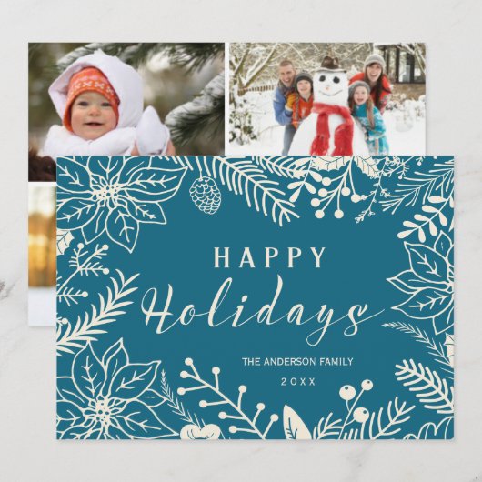 prettige feestdagen BOTANISCHE BLAUW EN WITTE FOTO Feestdagenkaart (Voorkant / Achterkant)