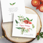 prettige feestdagen Botanische kerstKaart<br><div class="desc">Deze mooie vierkante feestkaart bevat elegante rode waterverf bloemen met holly bessen, pinecones en groen op witte achtergrond met een 'Happy Holiday' in een elegant handgeschreven script | kalligrafie. De rug van de kaart omvat een bericht voor het personaliseren. Zoek overeenkomende objecten in het Botanische Kerstmis Collectie van de Rode...</div>