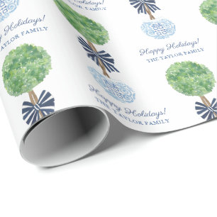 prettige feestdagen Boxwood Ginger Jar Blue Bow Cadeaupapier
