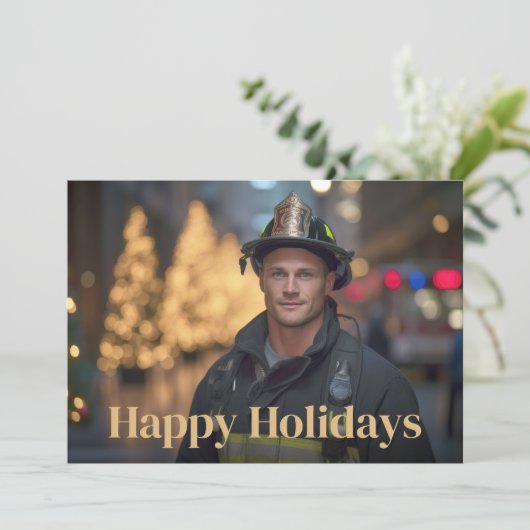 Prettige feestdagen Brandweerman foto eerste respo Feestdagenkaart (Staand voorkant)