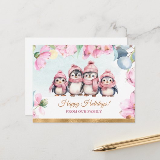 Prettige feestdagen Briefkaart Pinguïnfamilie (Voorkant / Achterkant in situ)