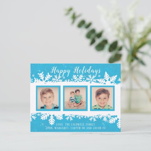 prettige feestdagen Bright Blue Snowflakes 3 Foto Briefkaart (Staand voorkant)