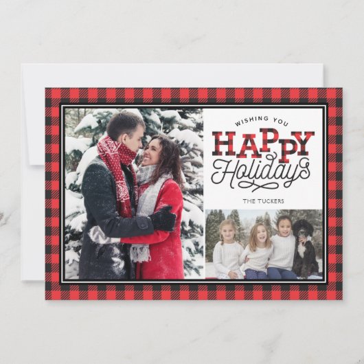 Prettige feestdagen Buffalo Plaid Border 2-Foto Feestdagenkaart (Voorkant)