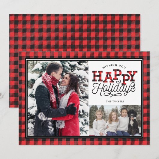 Prettige feestdagen Buffalo Plaid Border 2-Foto Feestdagenkaart (Voorkant / Achterkant)