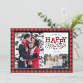 Prettige feestdagen Buffalo Plaid Border 2-Foto Feestdagenkaart (Staand voorkant)
