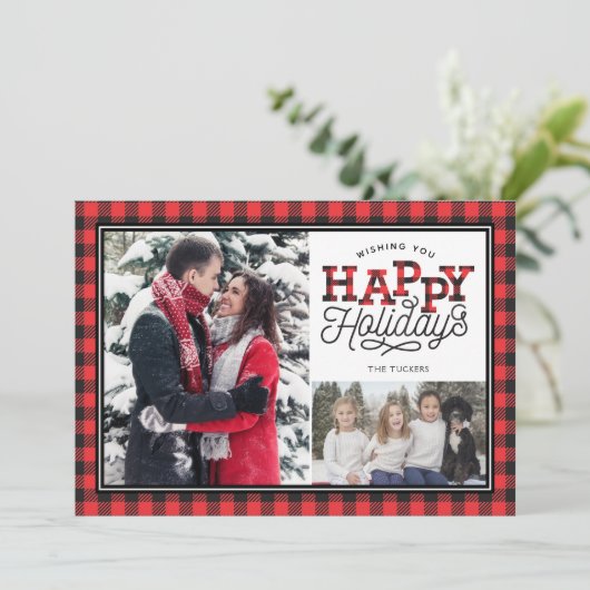 Prettige feestdagen Buffalo Plaid Border 2-Foto Feestdagenkaart (Staand voorkant)