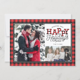Prettige feestdagen Buffalo Plaid Border 2-Foto Feestdagenkaart