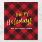 Prettige feestdagen Buffalo Plaid en Gouden Kerstm Wijn Etiket (Enkel label)