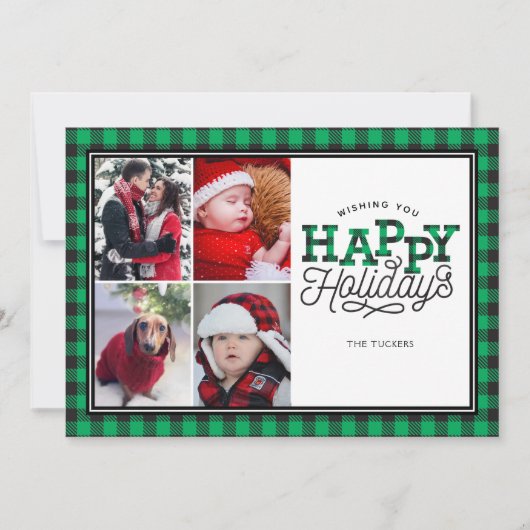 Prettige feestdagen Buffalo Plaid Green 4-fotokaar Feestdagenkaart (Voorkant)