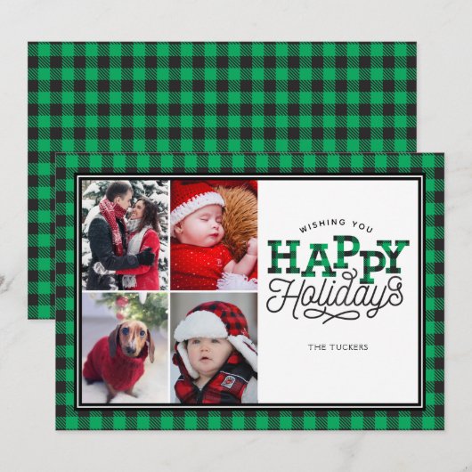 Prettige feestdagen Buffalo Plaid Green 4-fotokaar Feestdagenkaart (Voorkant / Achterkant)
