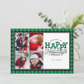 Prettige feestdagen Buffalo Plaid Green 4-fotokaar Feestdagenkaart (Staand voorkant)