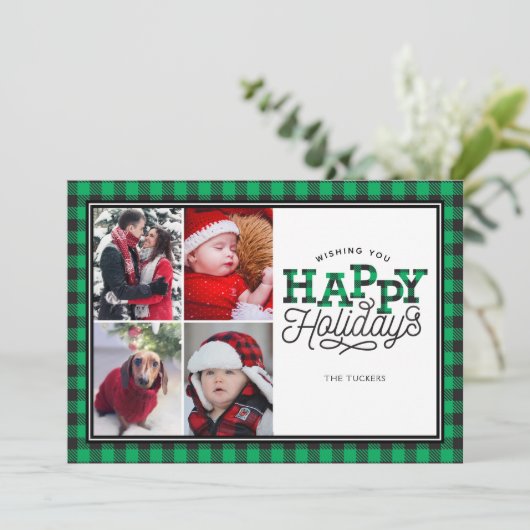 Prettige feestdagen Buffalo Plaid Green 4-fotokaar Feestdagenkaart (Staand voorkant)