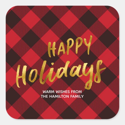 Prettige feestdagen Buffalo Rood Plaid en Gouden F Vierkante Sticker (Voorkant)