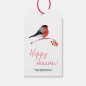 Prettige feestdagen Bullfinch en rode bessen, Cadeaulabel (Voorkant)
