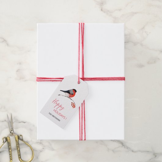 Prettige feestdagen Bullfinch en rode bessen, Cadeaulabel (Met Touw)