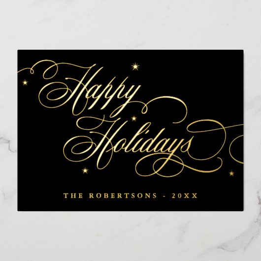 Prettige feestdagen Calligrafie Foto Familienaam k Folie Uitnodiging (Voorkant)