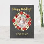 Prettige feestdagen Chalkboard Gold Red Wreath<br><div class="desc">Prettige feestdagen Kerst familie fotokaarten in rustiek land krijtbord patroon met rood en wit  bloemenkrans en gouden kleur tekst. Wens je vrienden en familie het beste dit vakantieseizoen met dit leuke wenskaart.</div>