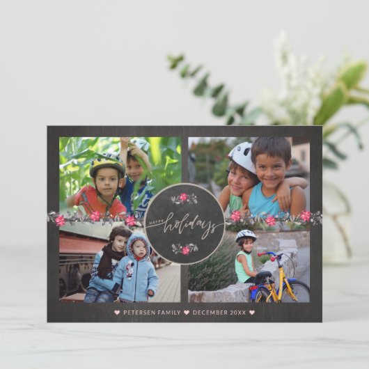 Prettige feestdagen Chalkboard Poinsettia Fotocoll Feestdagenkaart (Staand voorkant)