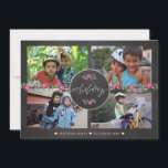 Prettige feestdagen Chalkboard Poinsettia Fotocoll Feestdagenkaart<br><div class="desc">Prettige feestdagen Donkergrijs houtskool krijtbord,  blush roze en grijs gebladerte en poinsettia bloemen grens,  en "#" hand belettering chique kalligrafie in het midden maken van een moderne rustieke traditionele geïnspireerde kerstfoto collage kaart.           Personaliseer het met vier aangepaste landschapsgeoriënteerde foto's en uw handtekening!</div>