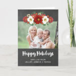 Prettige feestdagen Chalkboard Red Floral<br><div class="desc">Prettige feestdagen Kerst familie fotokaarten in rustieke land krijtbordpatroon met witte en rode  bloemen. Wens je vrienden en familie het beste dit vakantieseizoen met dit leuke wenskaart.</div>