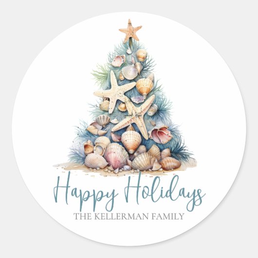 Prettige feestdagen Christmas Tree Beach Ronde Sticker (Voorkant)