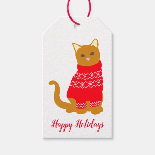 prettige feestdagen Cute Cat in Red Kerstjumper Cadeaulabel (Voorkant)