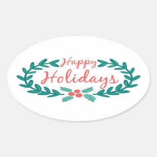 prettige feestdagen CUTE HOLLY WREATH Ovale Sticker