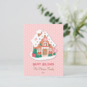 prettige feestdagen Cute Pink Snowy Gingerbrood Ho Briefkaart (Staand voorkant)