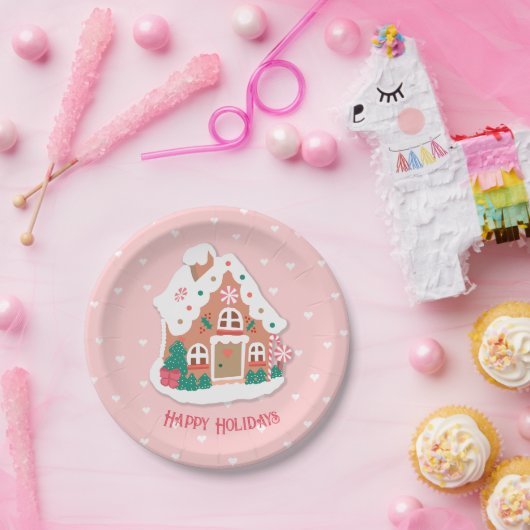 prettige feestdagen Cute Pink Snowy Gingerbrood Ho Papieren Bordje (Feest)