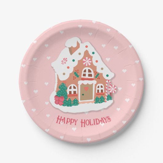prettige feestdagen Cute Pink Snowy Gingerbrood Ho Papieren Bordje (Voorkant)