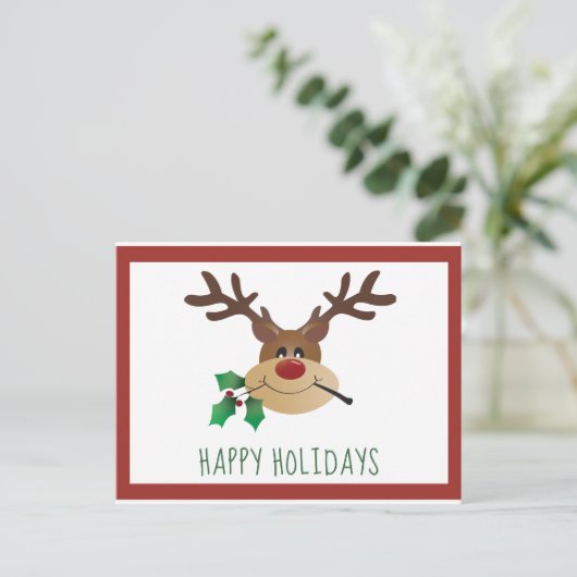 prettige feestdagen Cute Reindeer Mistletoe Red Gr Briefkaart (Staand voorkant)