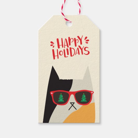 prettige feestdagen! Cute Santa Cat Cartoon - Kers Cadeaulabel (Voorkant)