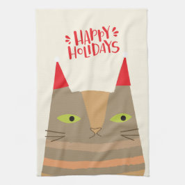 prettige feestdagen! Cute Santa Cat Cartoon - Kers Theedoek