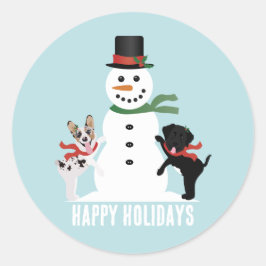 prettige feestdagen Dogs Building A Snowman Ronde Sticker