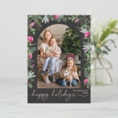 Prettige feestdagen Donkergrijs roze groen boog fo Feestdagenkaart (Staand voorkant)