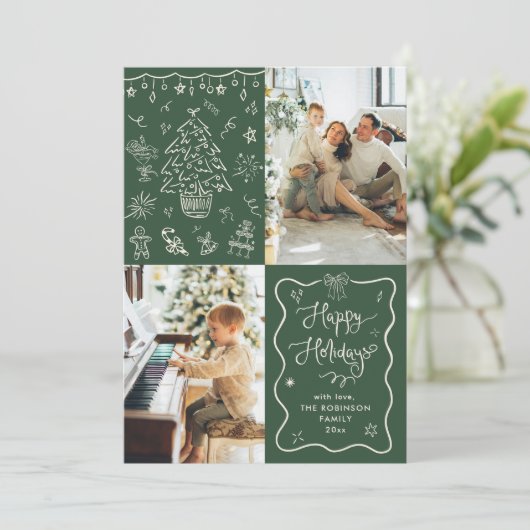 Prettige feestdagen Donkergroene handgetekende kri Feestdagenkaart (Staand voorkant)