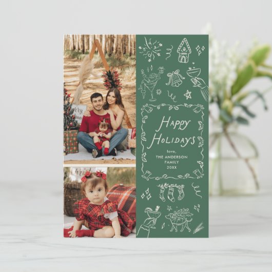 Prettige feestdagen Donkergroene handgetekende pic Feestdagenkaart (Staand voorkant)