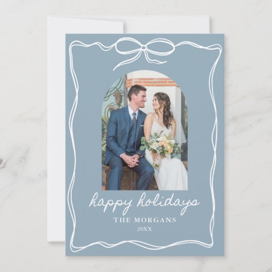 Prettige feestdagen Dusty Blue Bow Rustic net getr Feestdagenkaart (Voorkant)