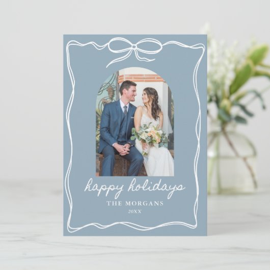 Prettige feestdagen Dusty Blue Bow Rustic net getr Feestdagenkaart (Staand voorkant)