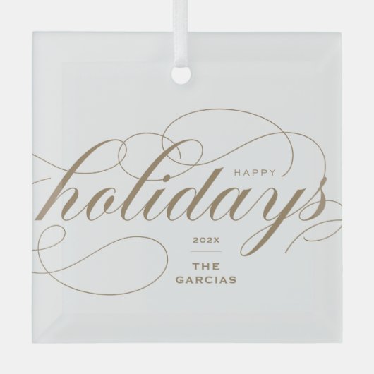 Prettige feestdagen Elegant bloeien Formeel Script Glas Ornament (Voorkant)