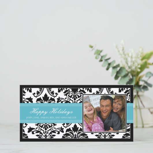 Prettige feestdagen Elegant Damask Black & Aqua Cu Feestdagenkaart (Staand voorkant)