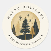 Prettige feestdagen Elegant | Warm Gold Pine Fores Ronde Sticker (Voorkant)