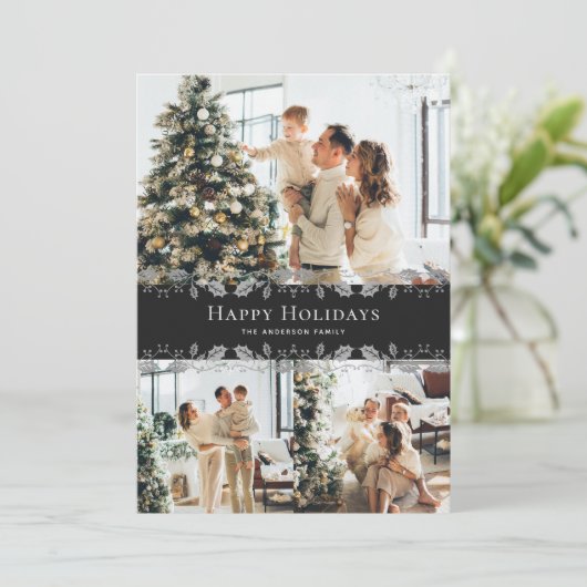 Prettige feestdagen Elegant Zwart Zilver Holly Fot Feestdagenkaart (Staand voorkant)