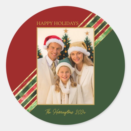 Prettige feestdagen Elegante kleurrijke kerstfoto Ronde Sticker (Voorkant)