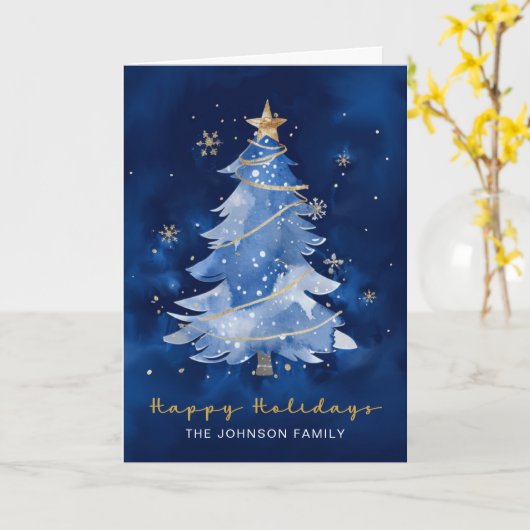 Prettige feestdagen · Elegante Navy Gold Christmas Kaart (Gele Bloem)