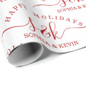 Prettige feestdagen Elegante Red Script Monogram N Cadeaupapier (Rol Hoek)