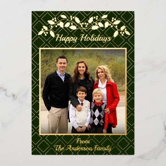 prettige feestdagen familie foto naam groen goud (Voorkant)
